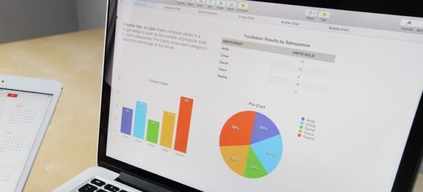 A laptop displaying graphs and pie charts.