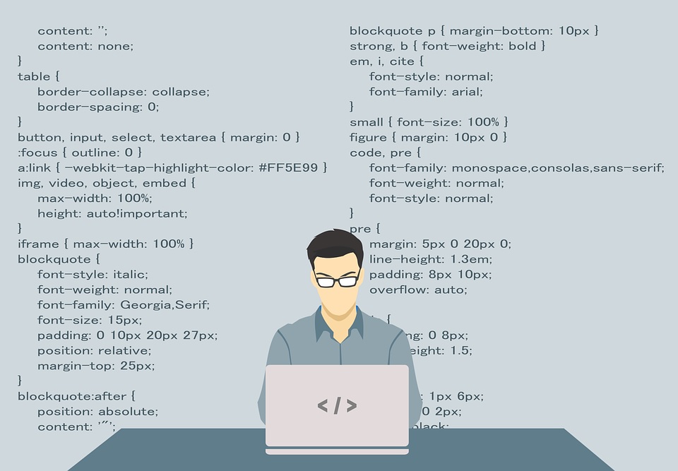 A vector image of a programmer under lines of code.