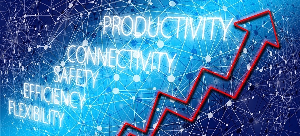 A red upward arrow next to productivity-related terms - essential work productivity tips