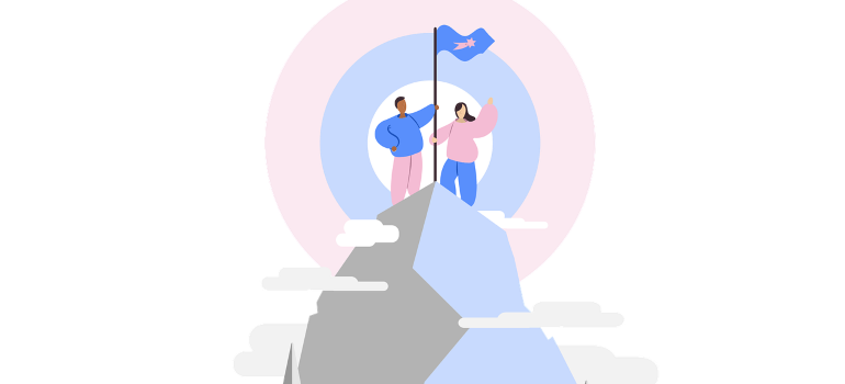 An illustration of two people on a summit peak.