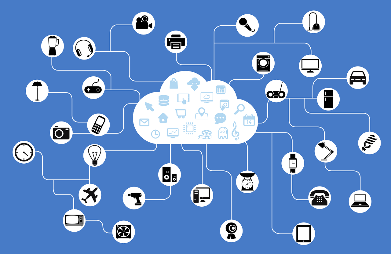 An illustration of many smart devices connected to Cloud, symbolizing the role of IoT in CRM software development.
