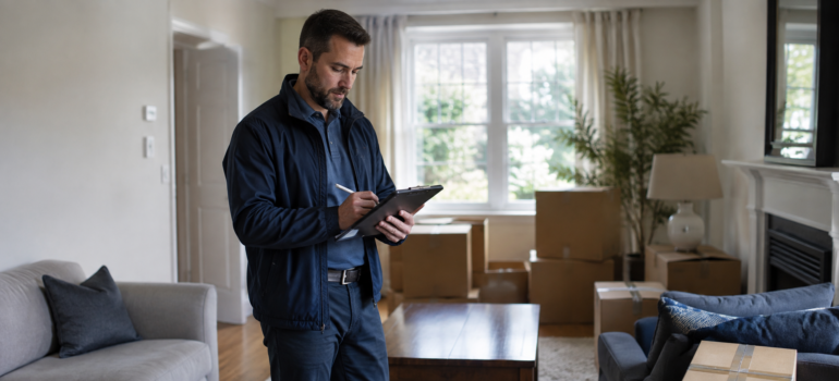 moving surveyor filling out a cube sheet during a home walkthrough