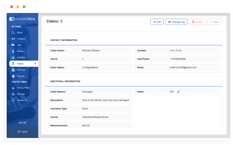 claims dashboard in Moverstech