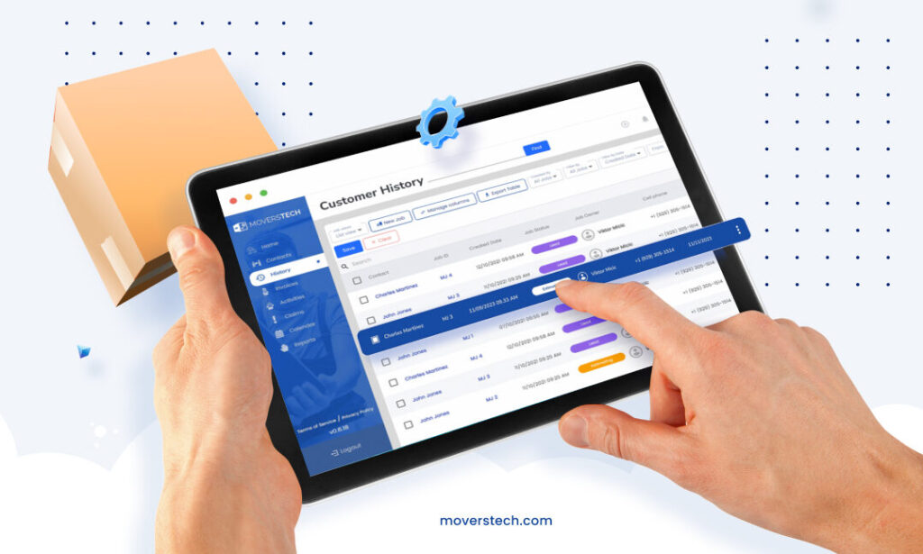 CRM dashboard for moving companies showing lead tracking, job scheduling, and analytics reports