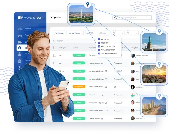 Man looking at multi-branch location data in MoversTech CRM