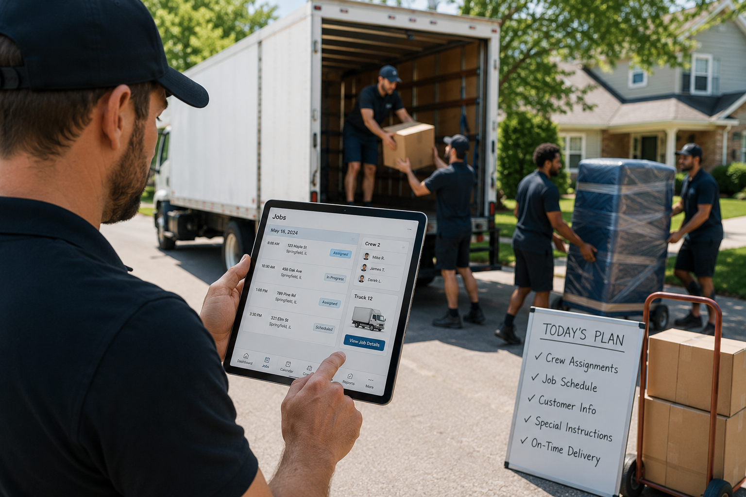 Moving company crew loading furniture into a moving truck while a dispatcher reviews crew assignments and job schedules on a tablet during a residential move.