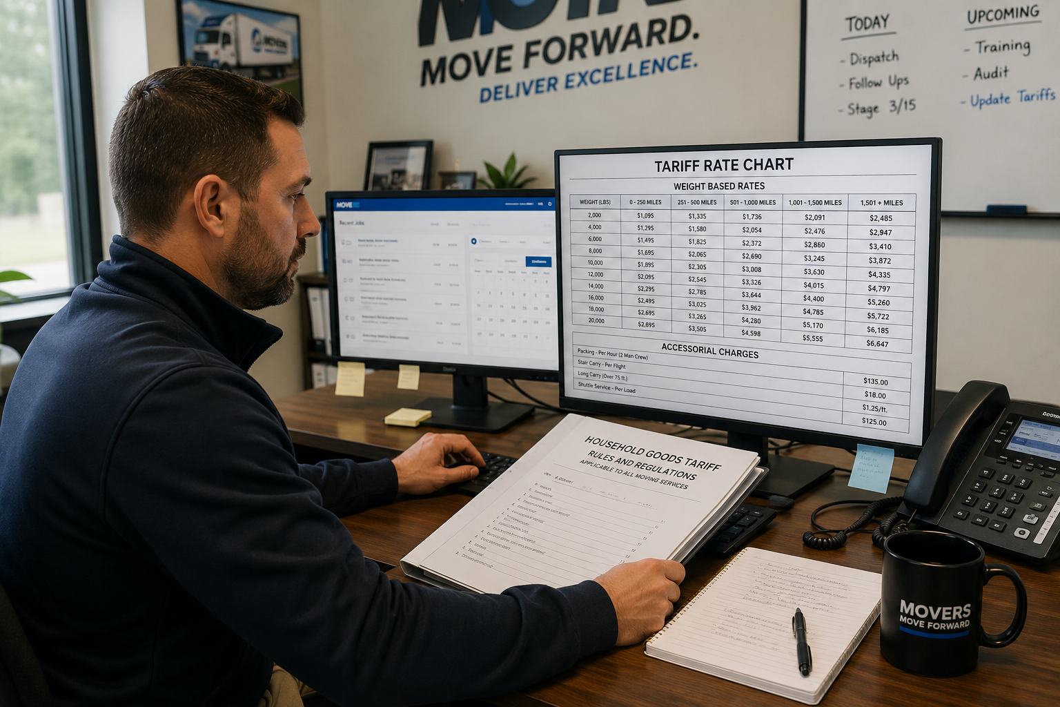Moving company operations manager reviewing a household goods tariff document and transportation rate charts on a computer in a professional office setting.