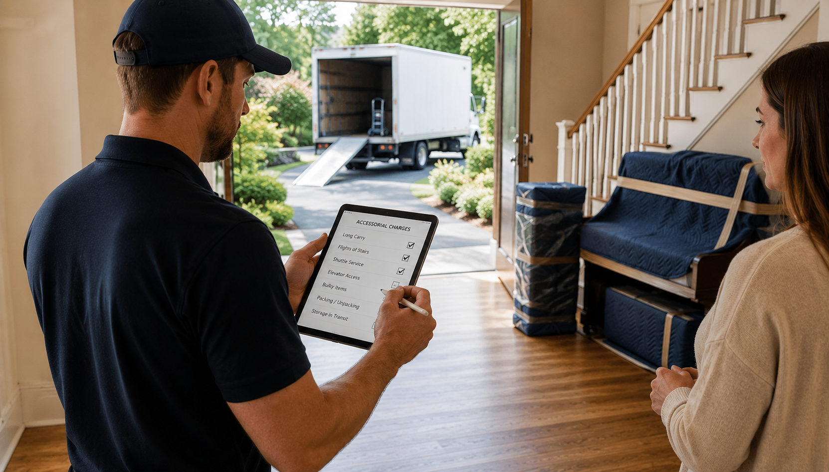 Moving company estimator reviewing accessorial charges on a tablet during an in-home survey, with wrapped furniture, a staircase, and a moving truck visible outside the residence.