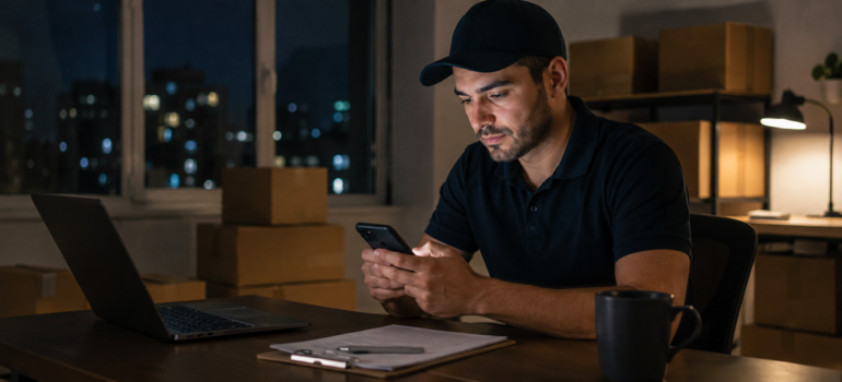 Mover sitting at a desk at night checking moving leads on a phone, with a laptop and moving boxes nearby.