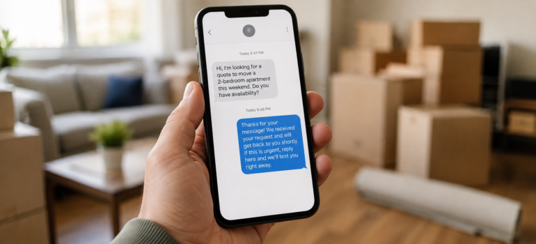 Close-up of a phone showing a moving customer inquiry and an automated after-hours text reply, with moving boxes blurred in the background.