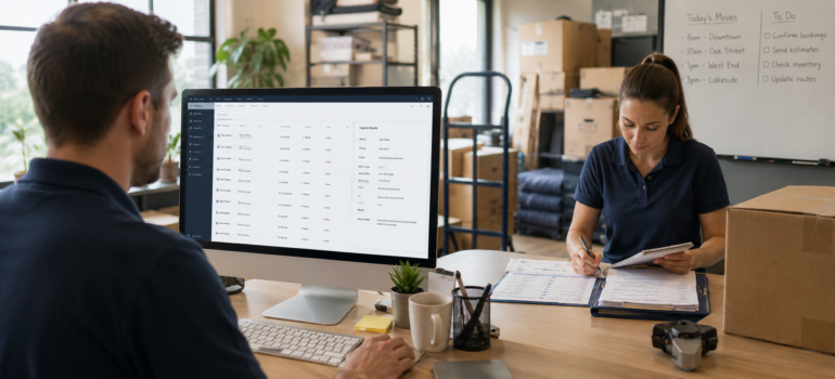 Two moving office staff reviewing leads in a CRM at a desk with boxes, paperwork, and a moving schedule board in the background.