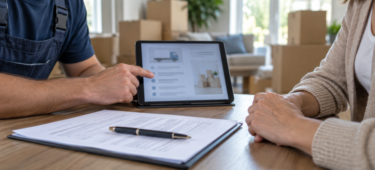mover and customer reviewing valuation coverage options on a moving contract